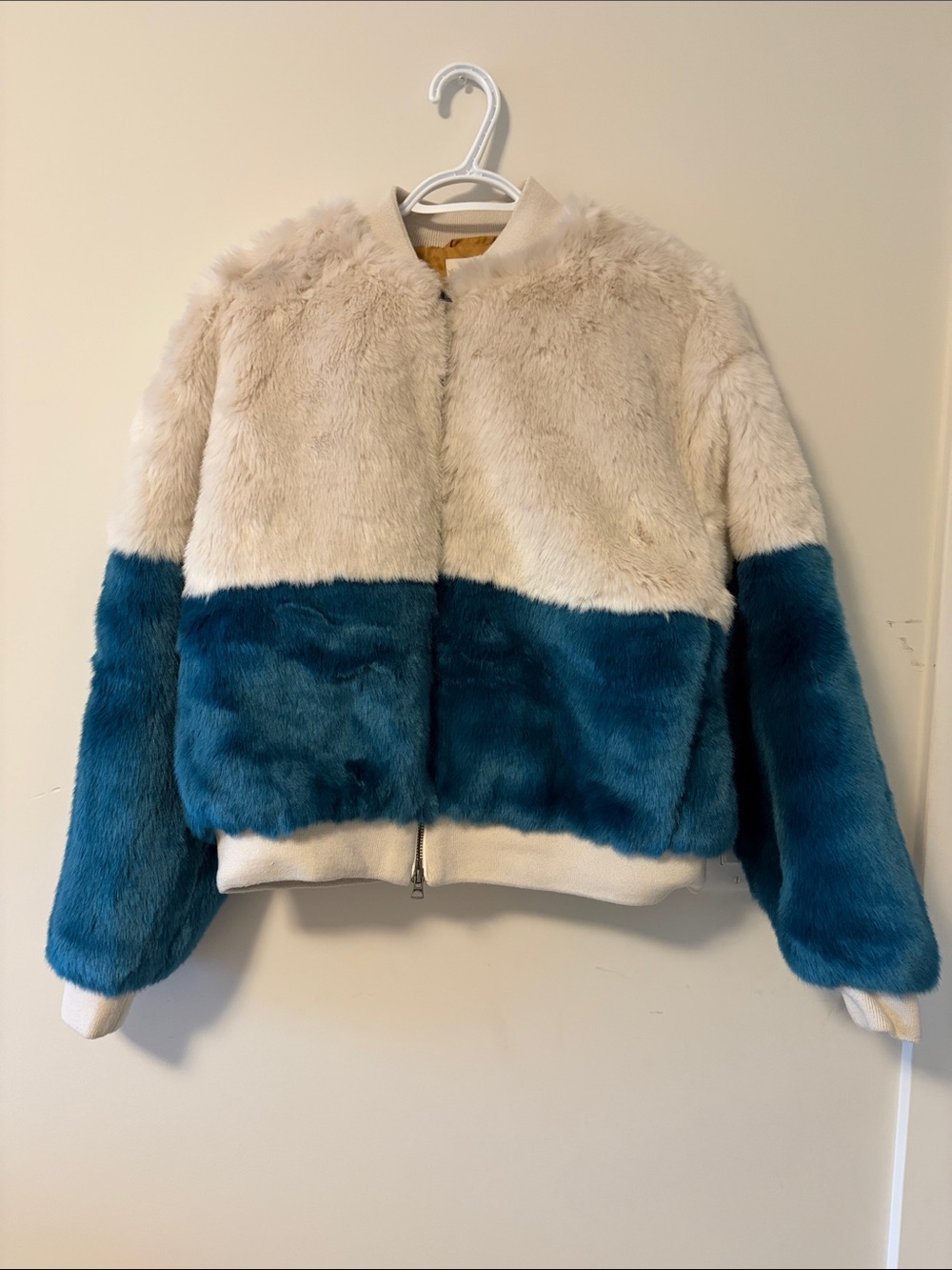 Golden (Aritzia) Faux Fur Colorblock Bomber Jacket - Cream & Teal